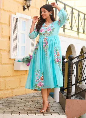 Blue Chic Floral Printed Short Kurtis with Flair