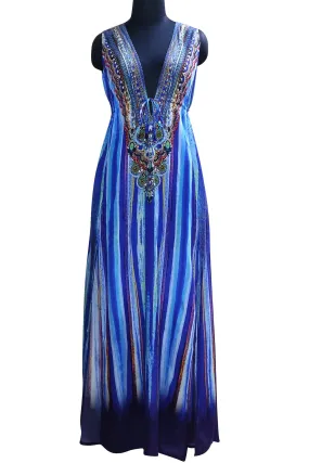 Blue Sripe Print Plunge Neck Cocktail Dress