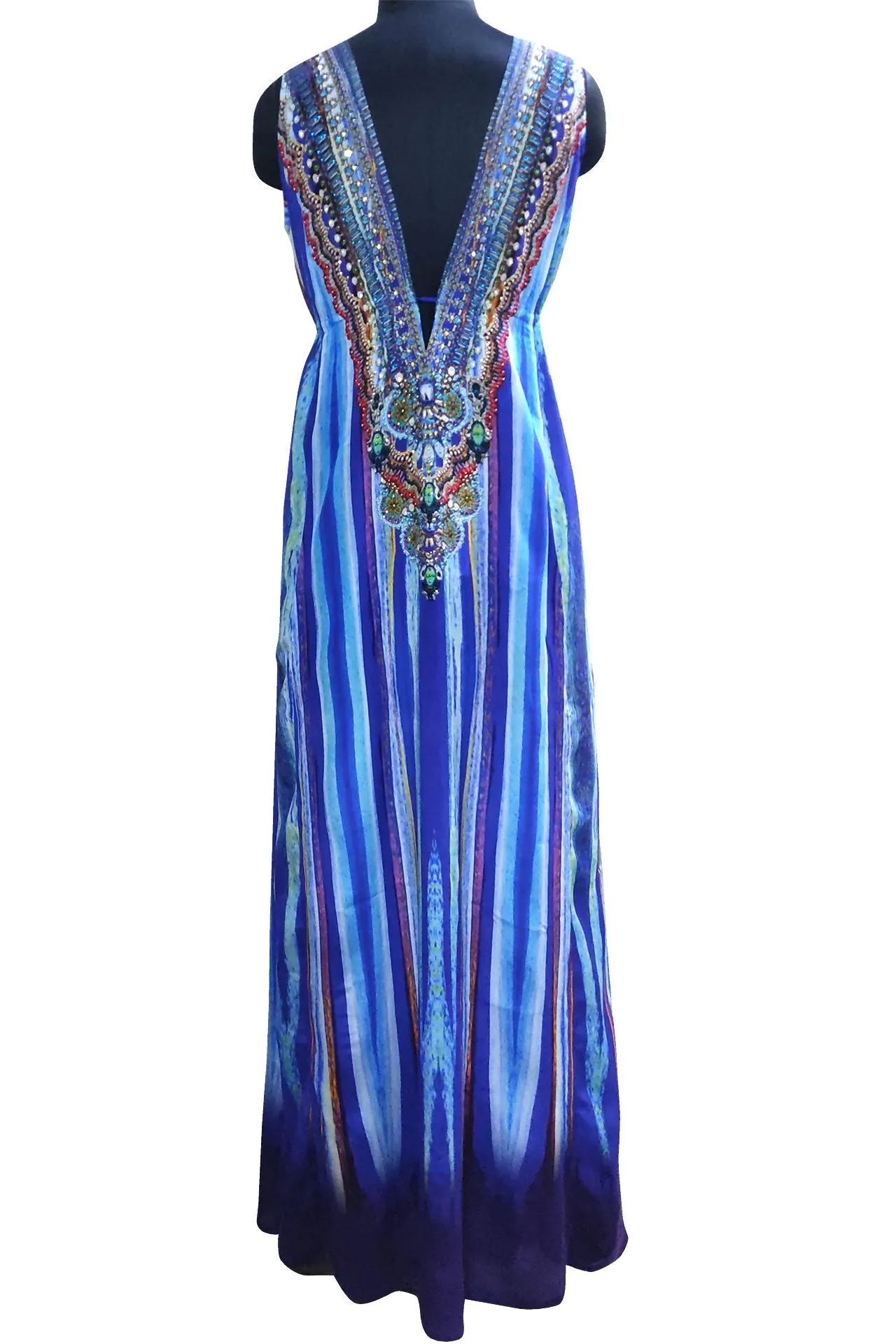 Blue Sripe Print Plunge Neck Cocktail Dress