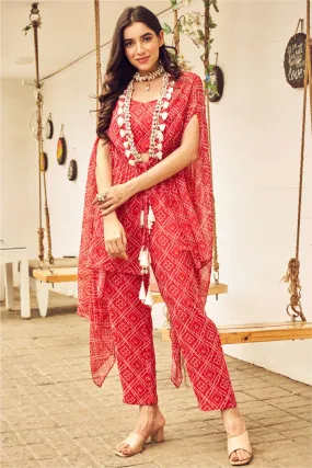 Boho Red Georgette Bandhej Shell Embellished Bustier and Pants with Cape Set