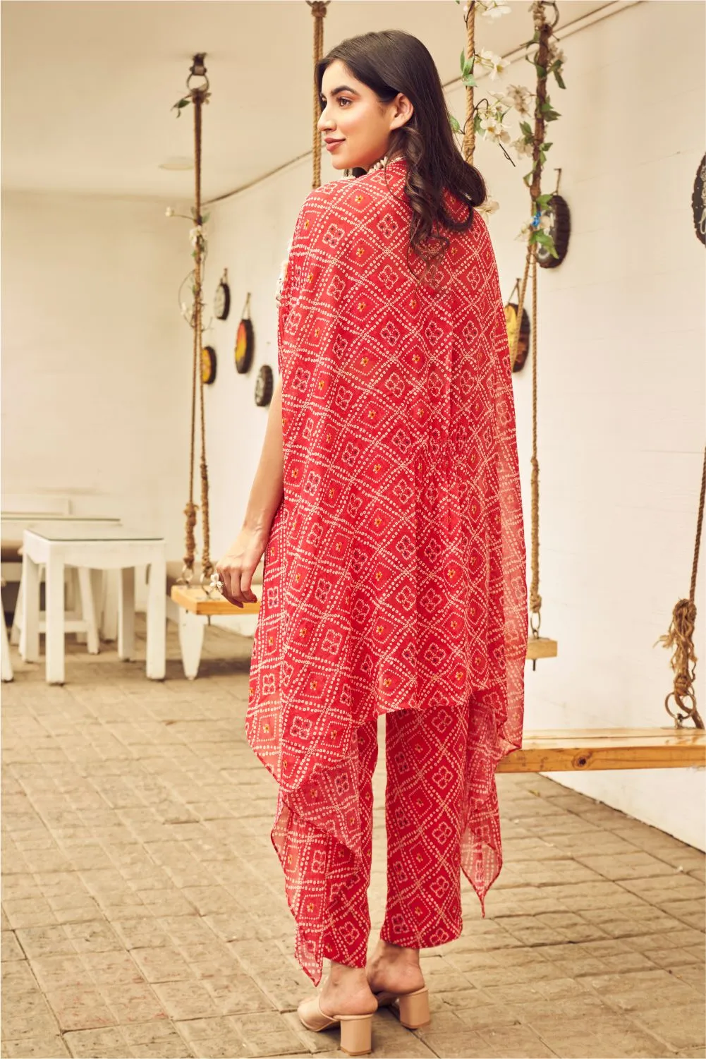 Boho Red Georgette Bandhej Shell Embellished Bustier and Pants with Cape Set