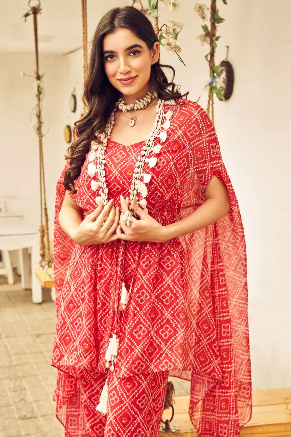 Boho Red Georgette Bandhej Shell Embellished Bustier and Pants with Cape Set