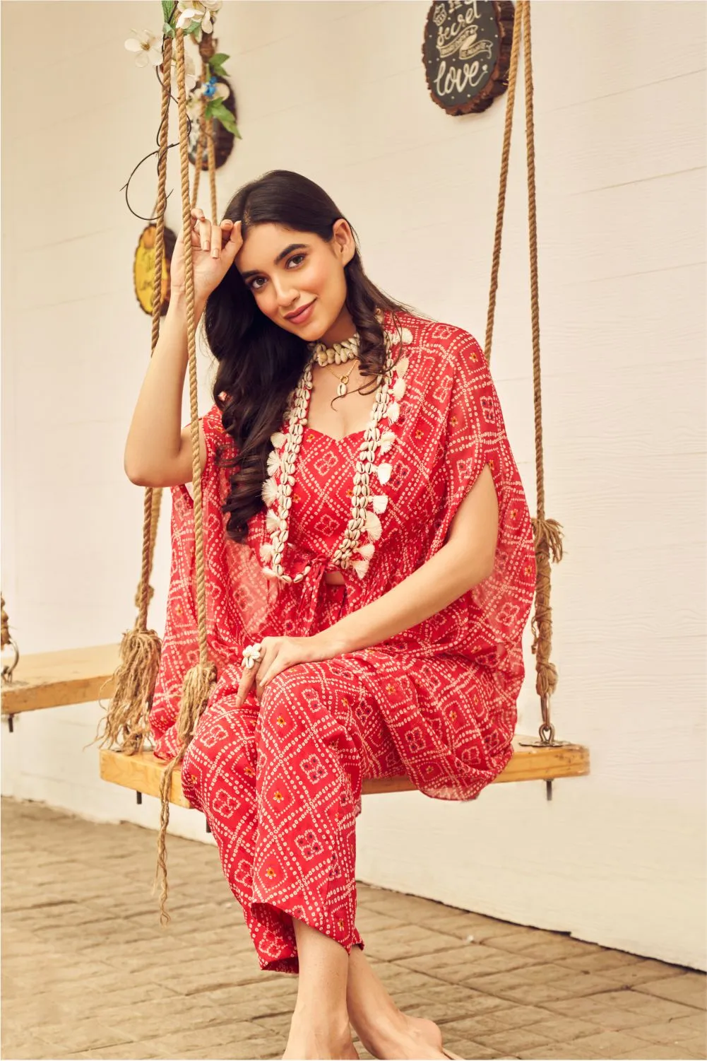 Boho Red Georgette Bandhej Shell Embellished Bustier and Pants with Cape Set