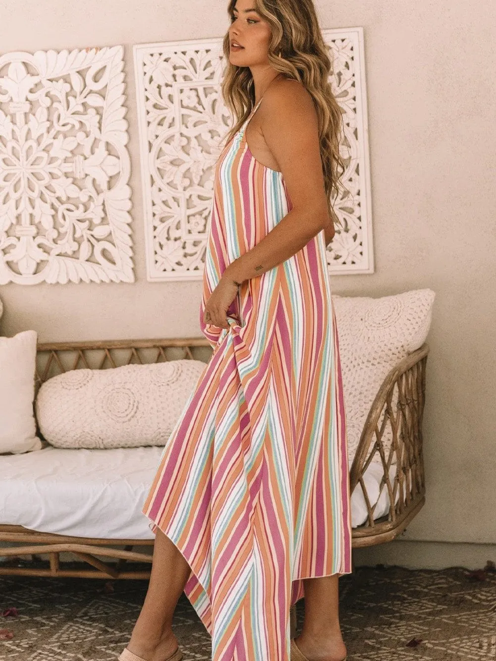 Boho Striped Sleeveless Maxi Dress for Summer Holidays