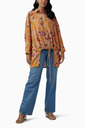 Brown Printed Crepe Shirt Tunic