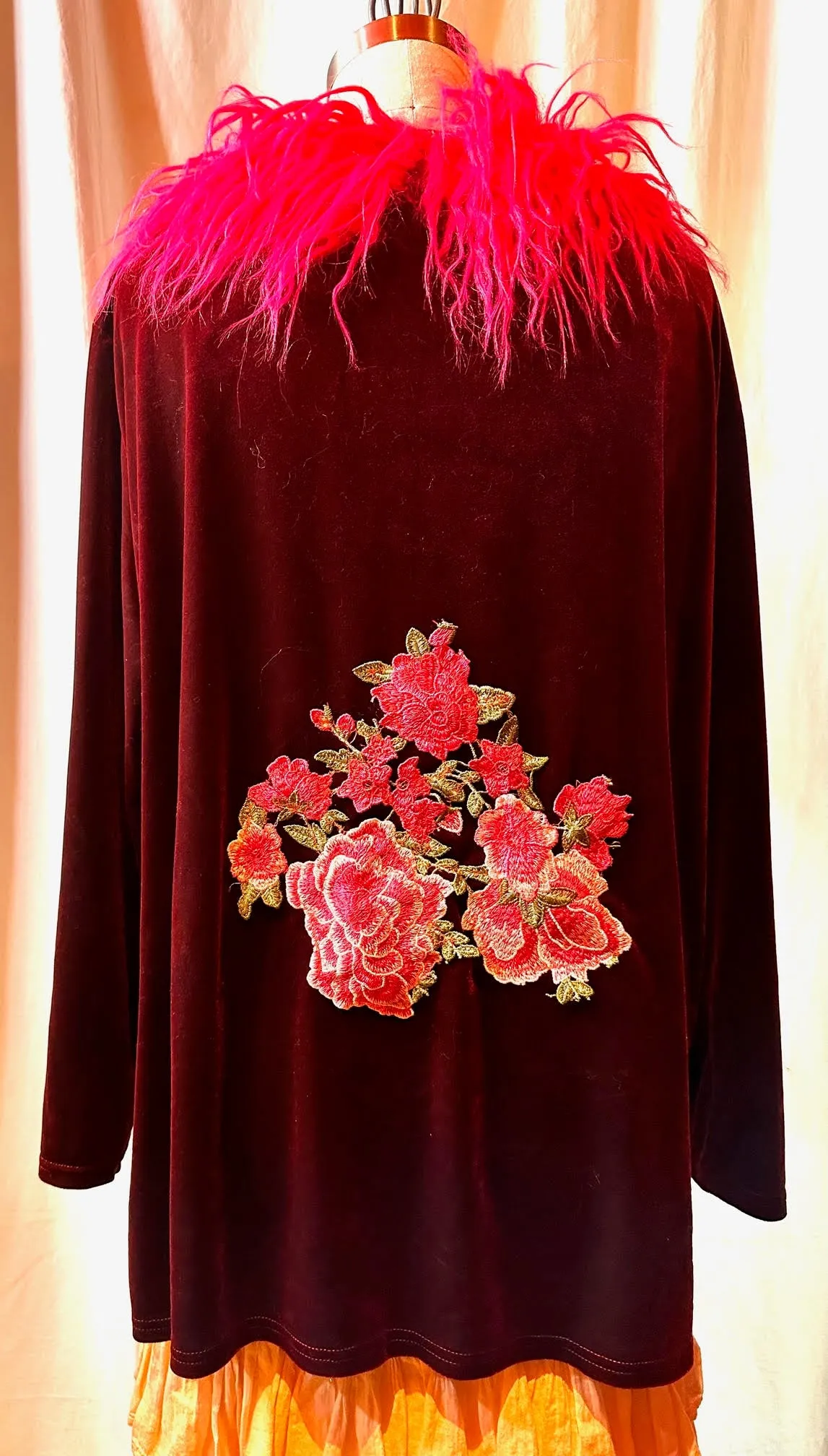 Burgundy Velvet Blouse w/ Pink Fake Fur Collar