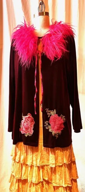 Burgundy Velvet Blouse w/ Pink Fake Fur Collar