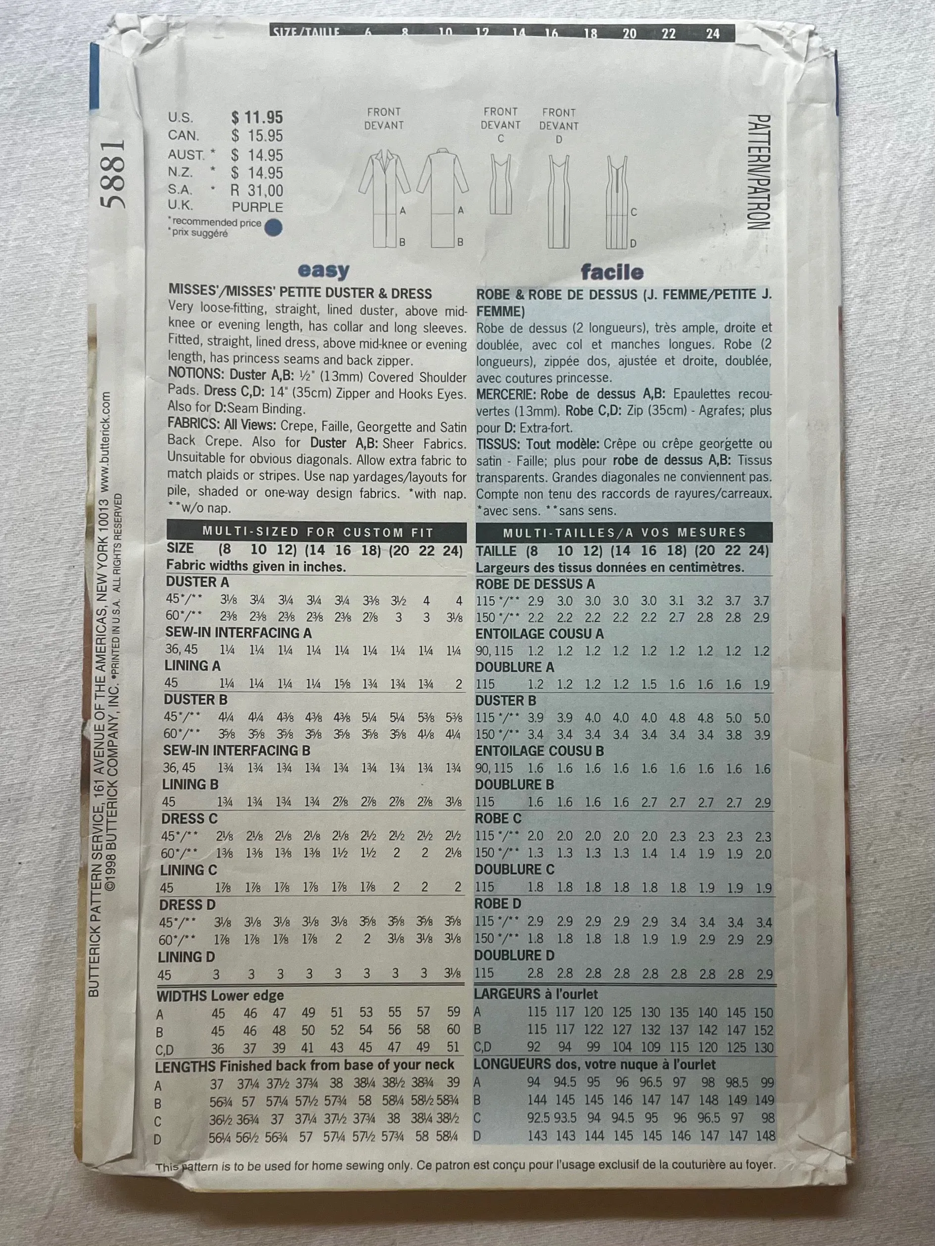 Butterick 5881 UNCUT Misses Dress Size 14-18