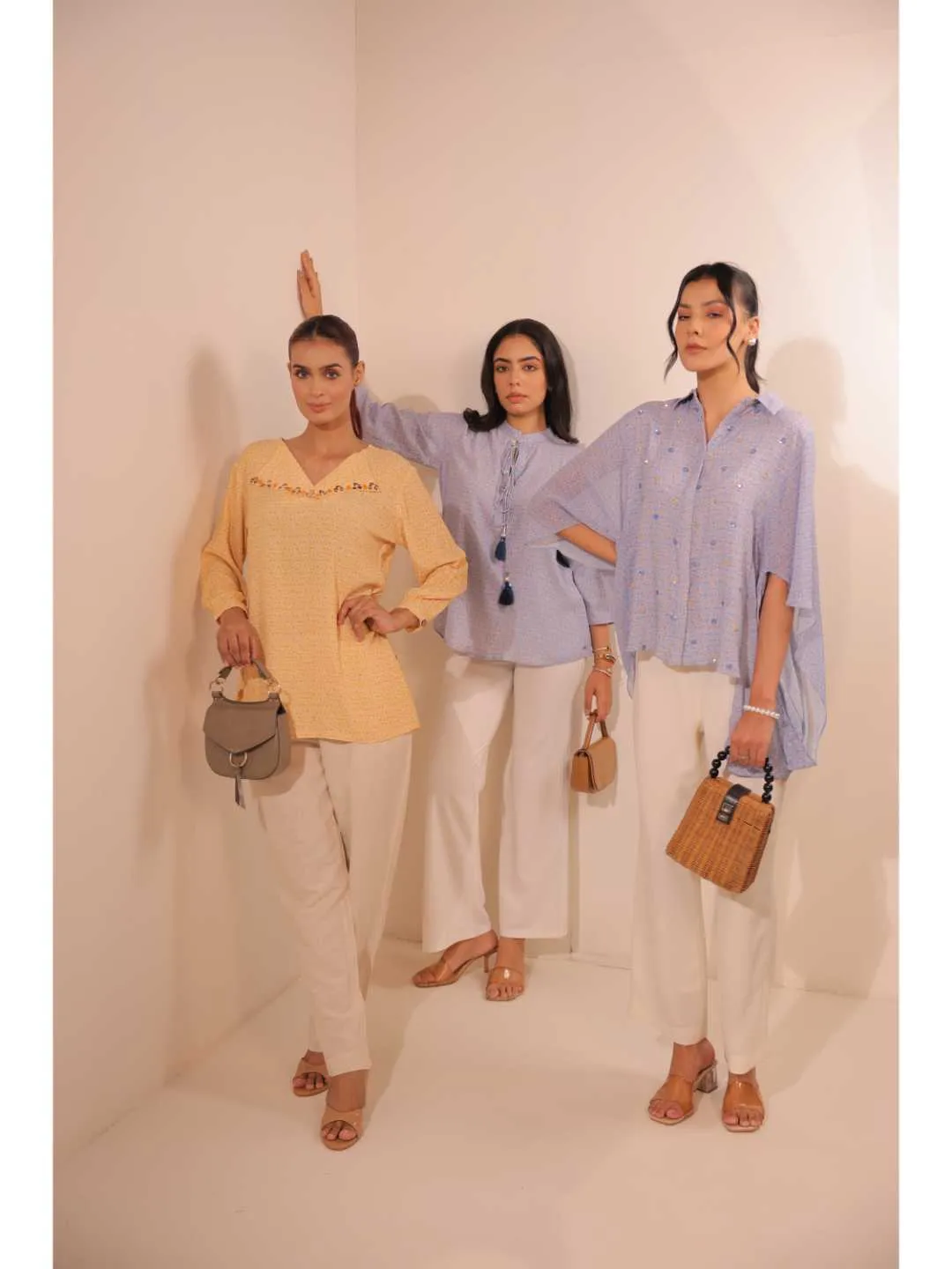 cheerful royal crepe viscose printed mandarin collar string hand embellished top with three-forth sleeve - Blue