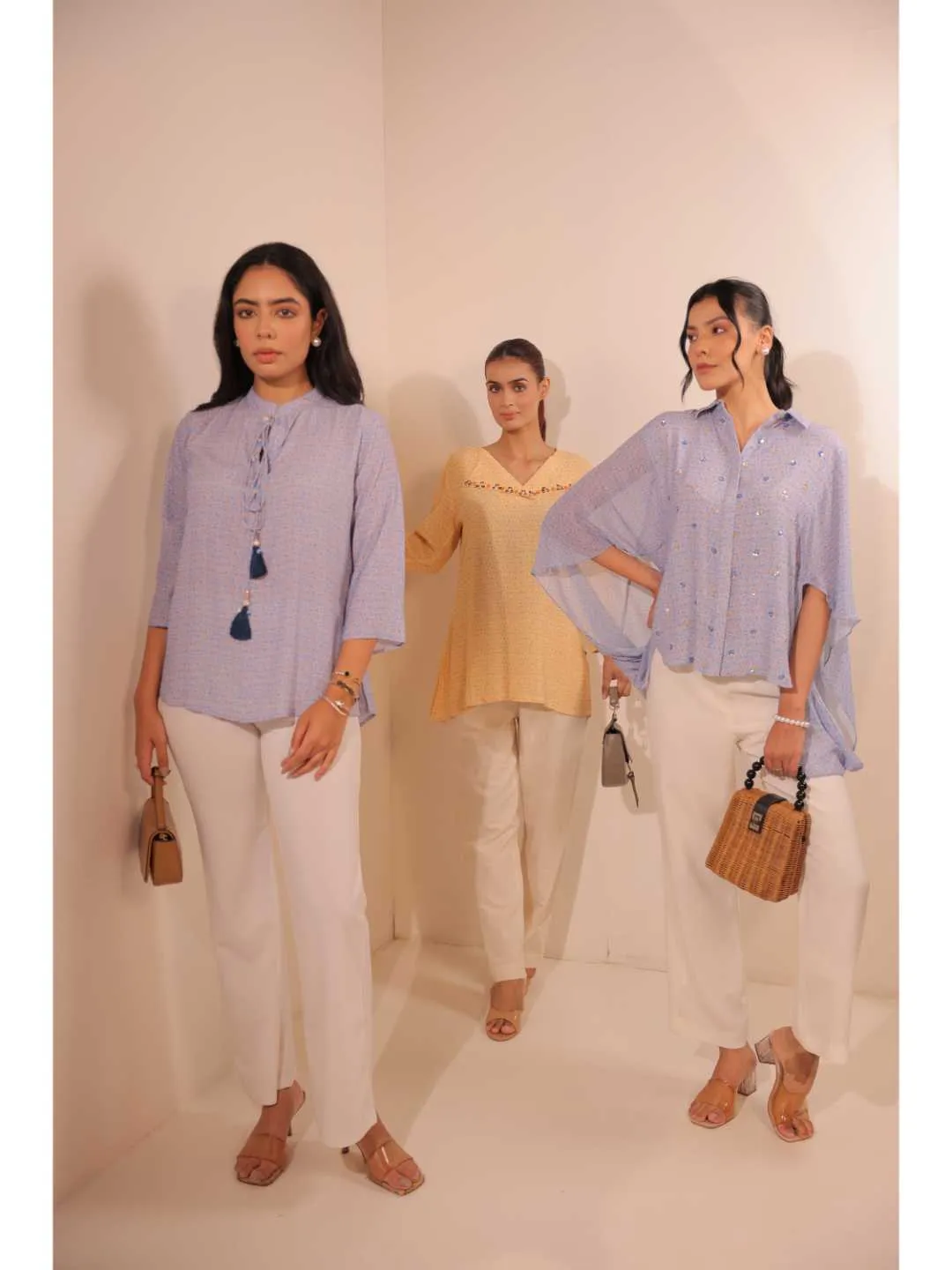 cheerful royal crepe viscose printed mandarin collar string hand embellished top with three-forth sleeve - Blue
