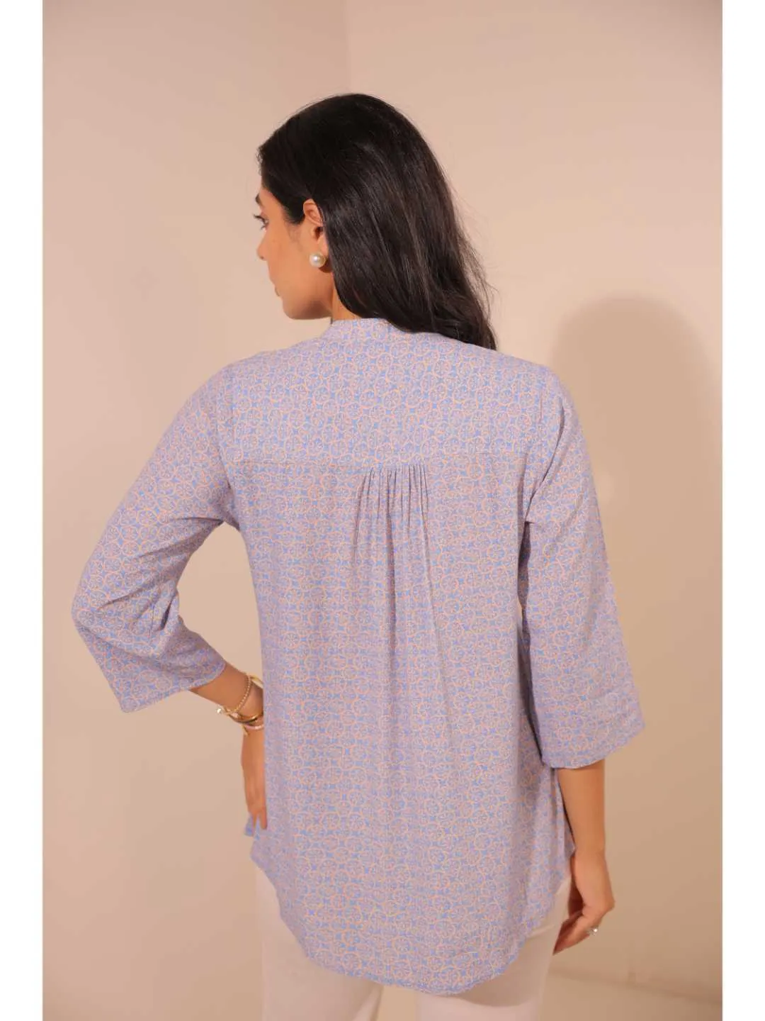 cheerful royal crepe viscose printed mandarin collar string hand embellished top with three-forth sleeve - Blue