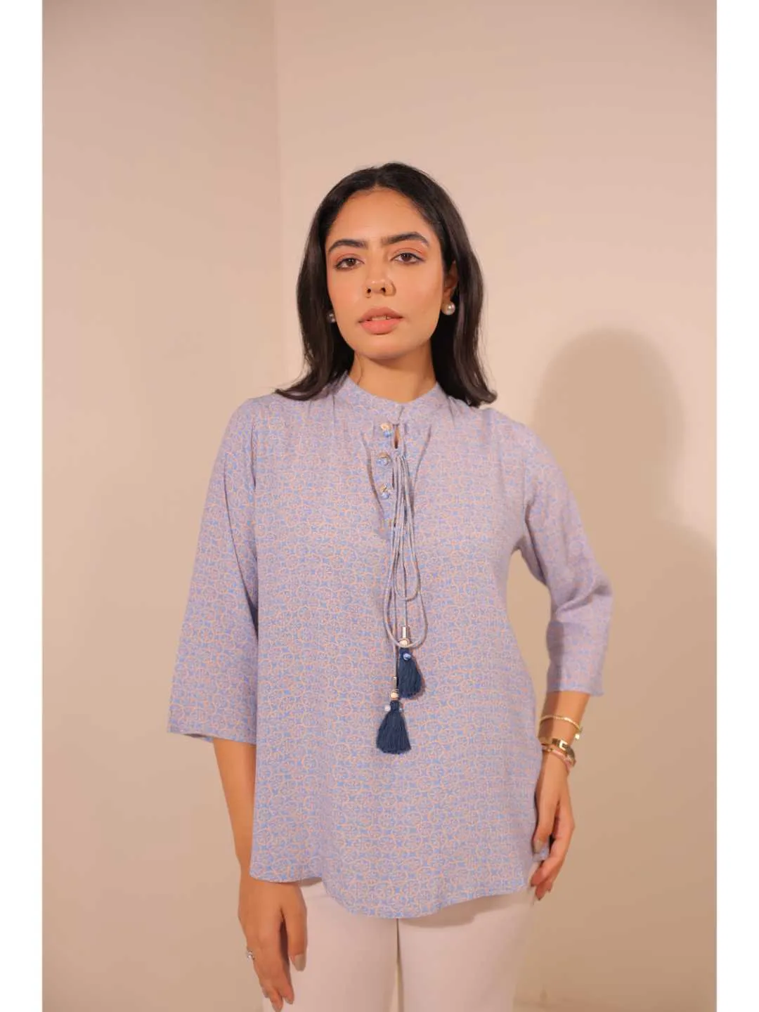 cheerful royal crepe viscose printed mandarin collar string hand embellished top with three-forth sleeve - Blue
