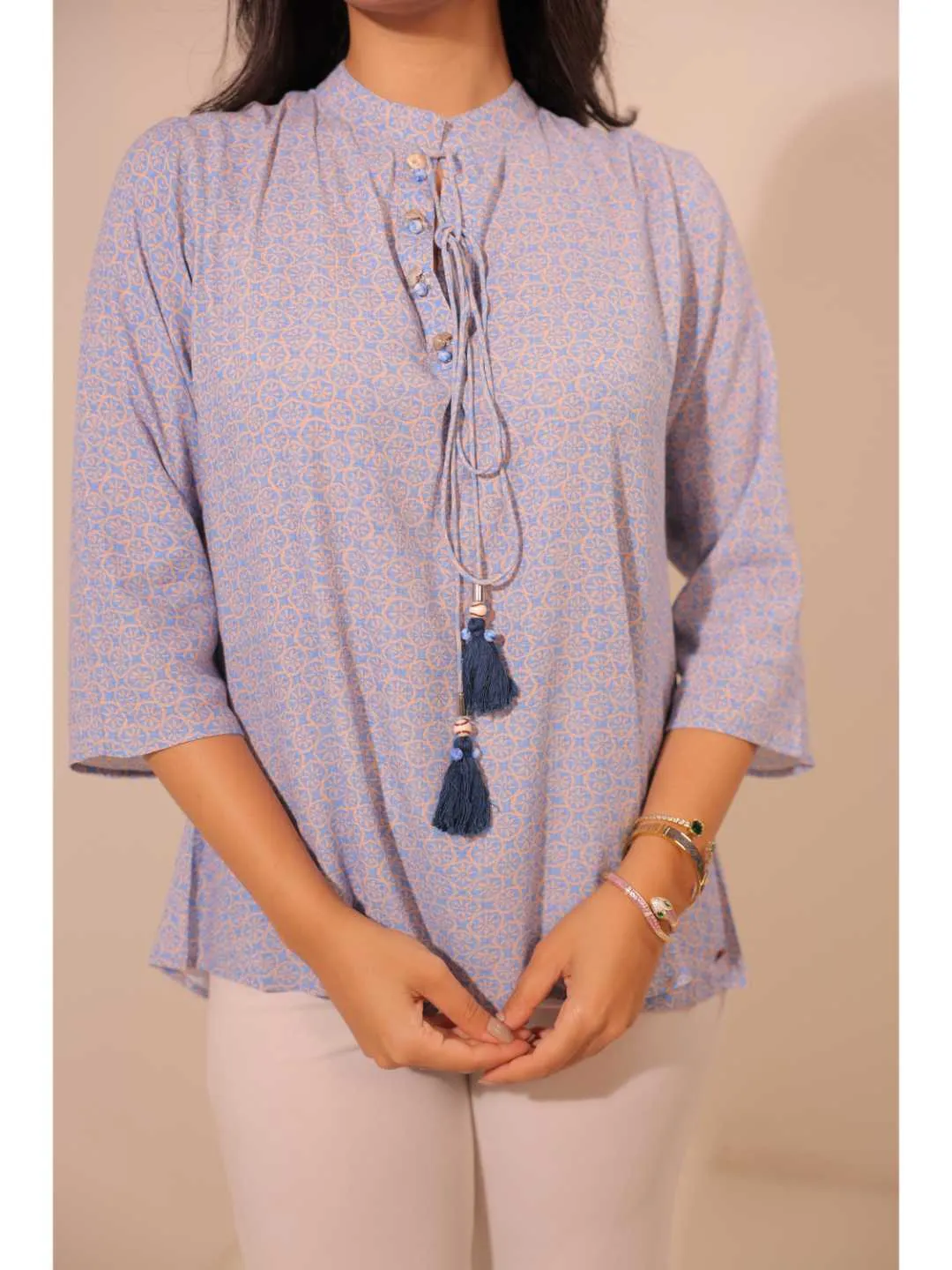 cheerful royal crepe viscose printed mandarin collar string hand embellished top with three-forth sleeve - Blue