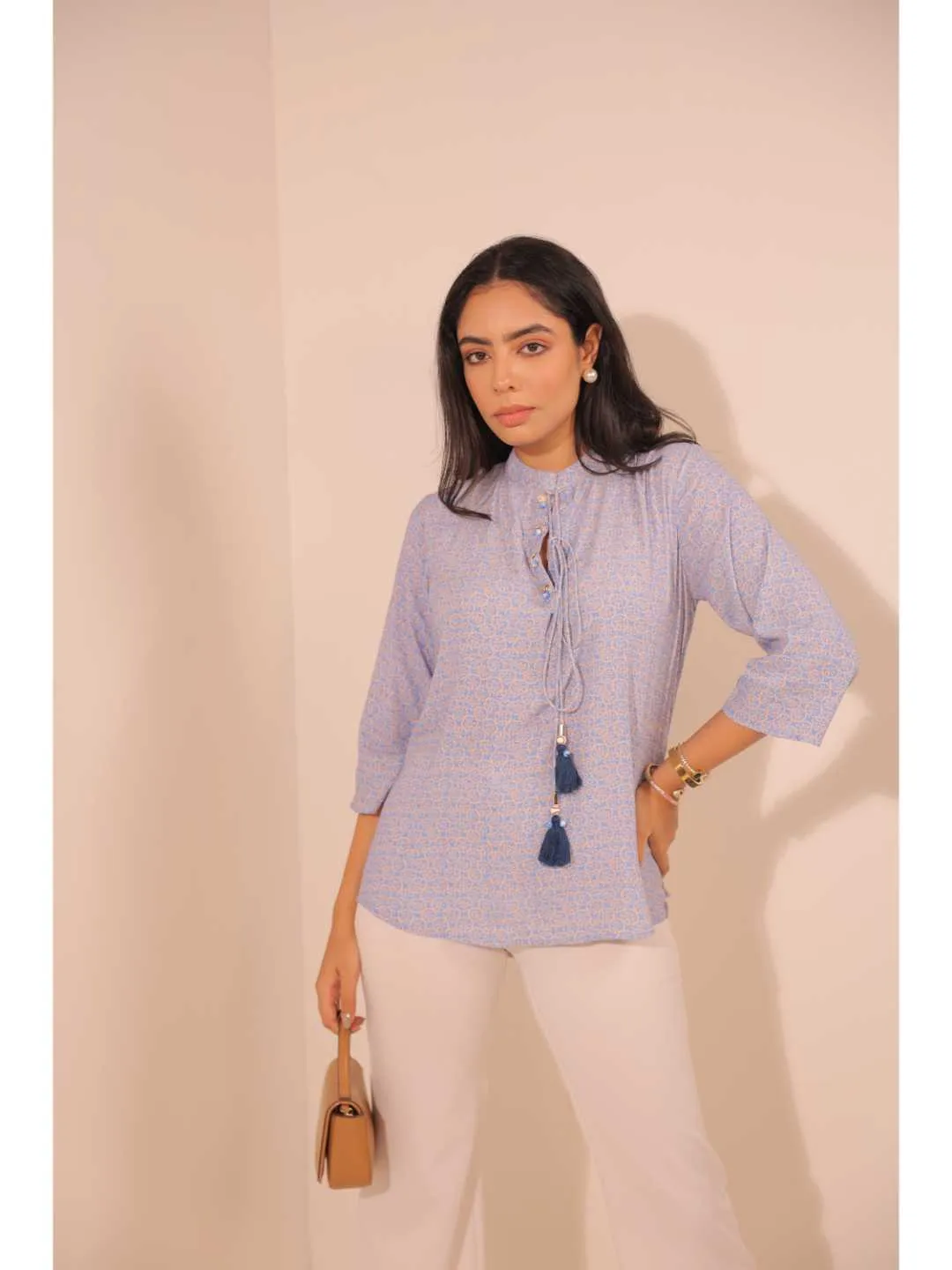 cheerful royal crepe viscose printed mandarin collar string hand embellished top with three-forth sleeve - Blue