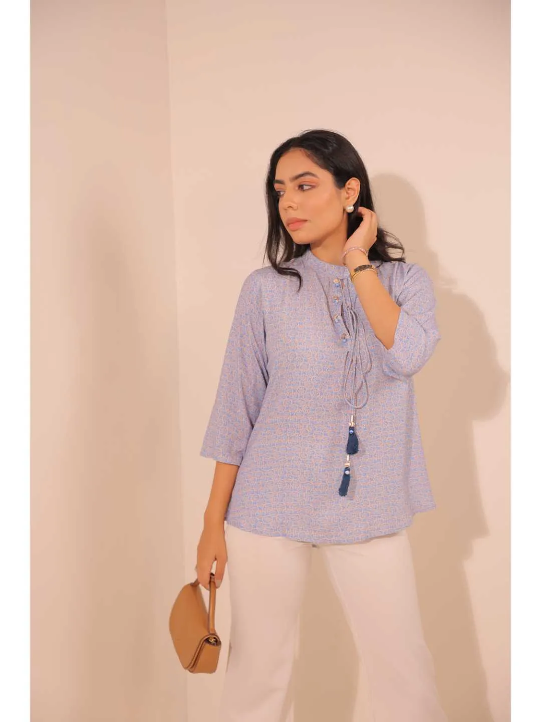 cheerful royal crepe viscose printed mandarin collar string hand embellished top with three-forth sleeve - Blue
