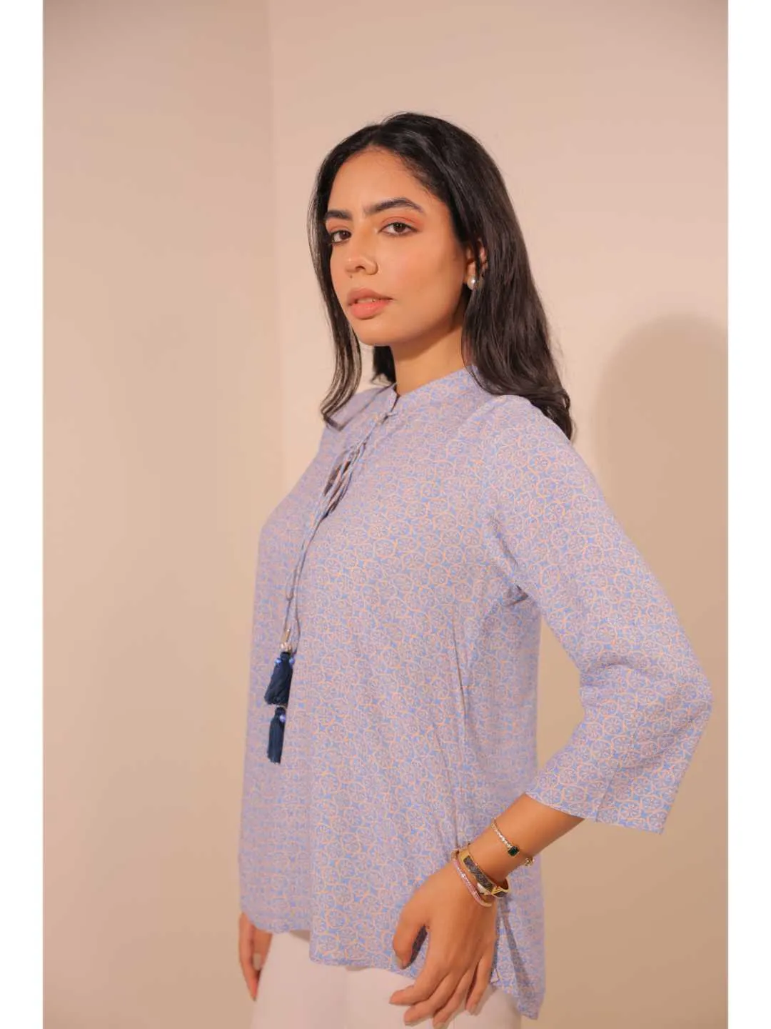 cheerful royal crepe viscose printed mandarin collar string hand embellished top with three-forth sleeve - Blue
