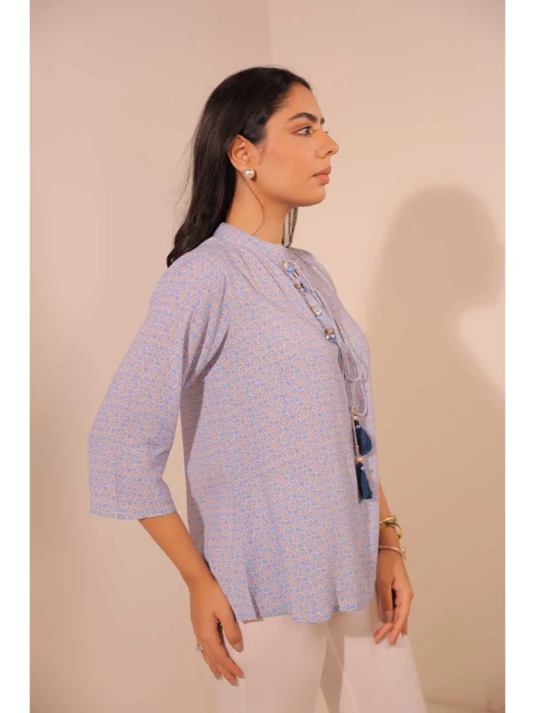 cheerful royal crepe viscose printed mandarin collar string hand embellished top with three-forth sleeve - Blue