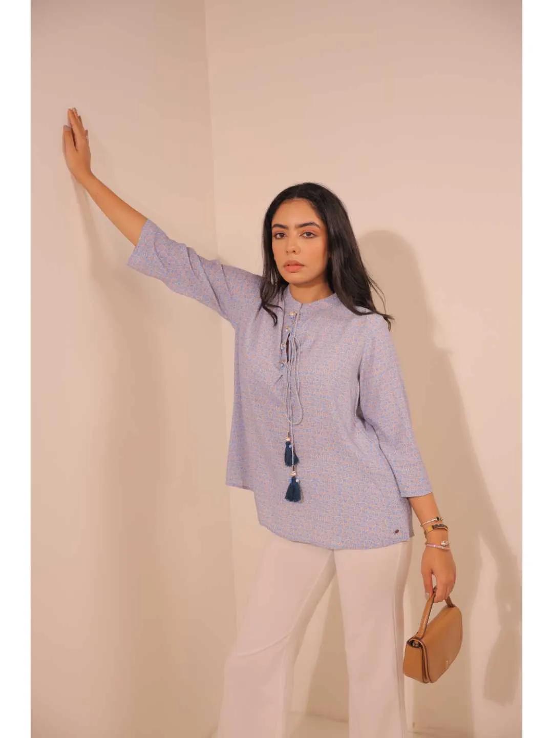 cheerful royal crepe viscose printed mandarin collar string hand embellished top with three-forth sleeve - Blue