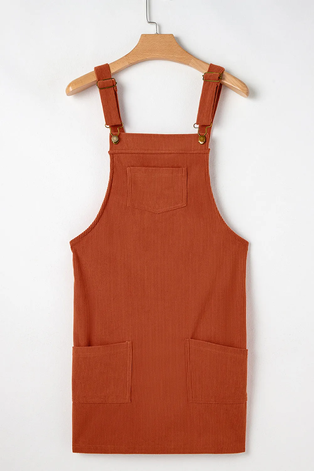 Cinnamon Solid Front Pockets Sleeveless Corduroy Overall Dress