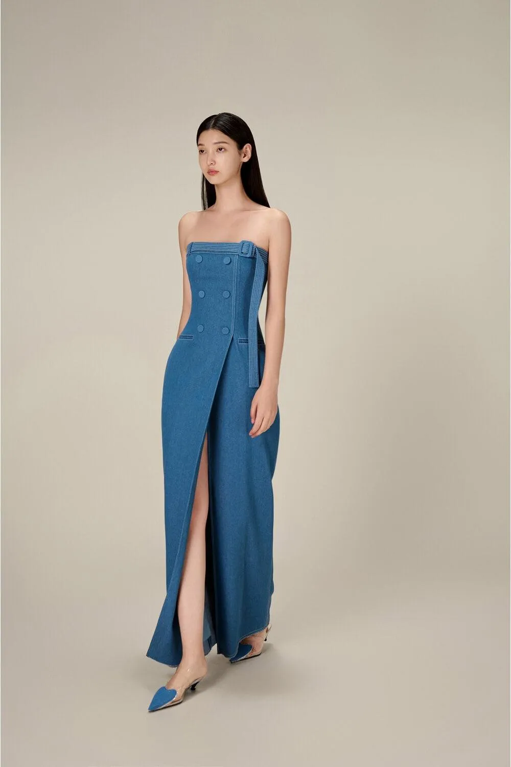 Denim Taffeta Long Dress