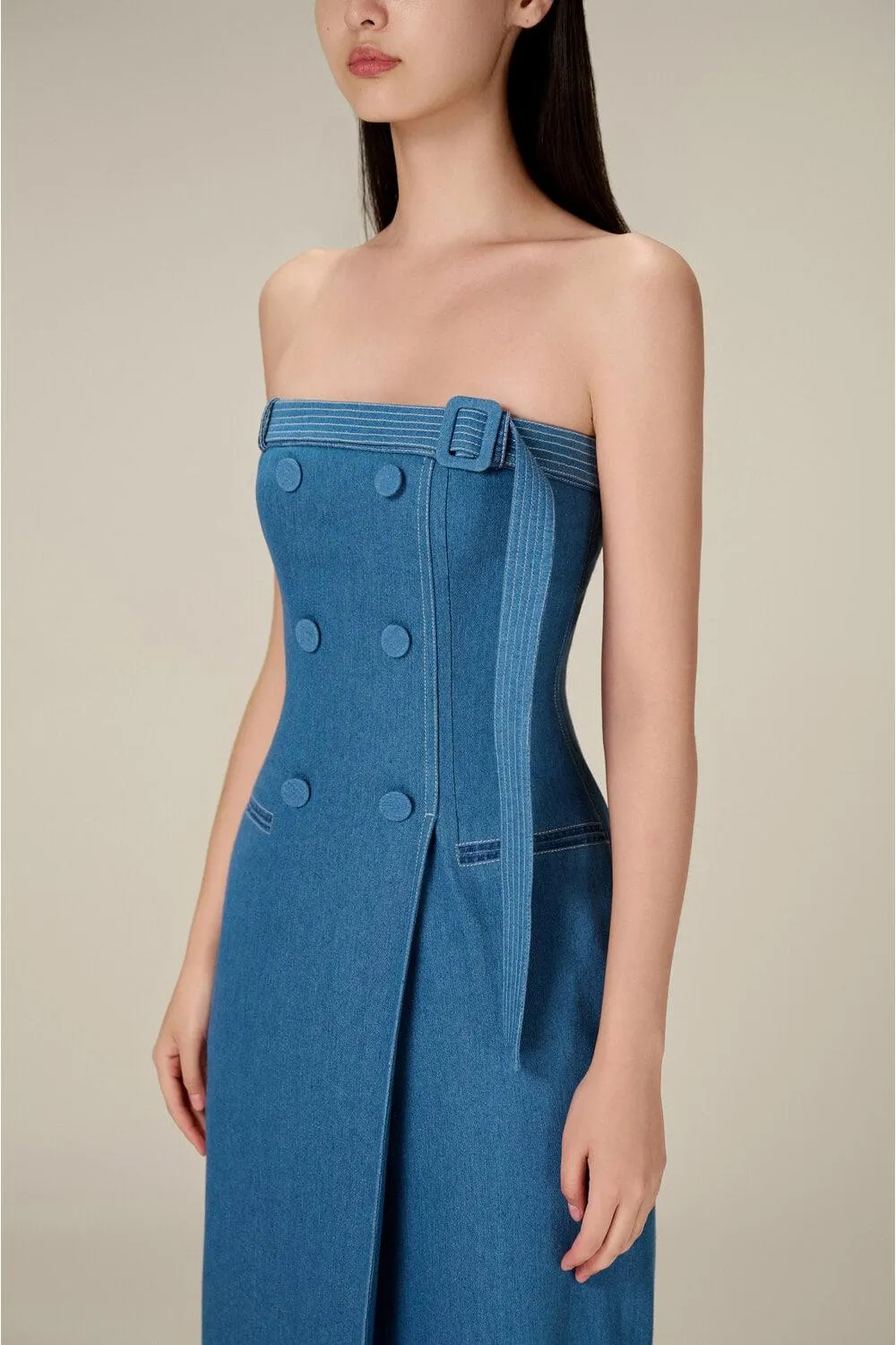 Denim Taffeta Long Dress