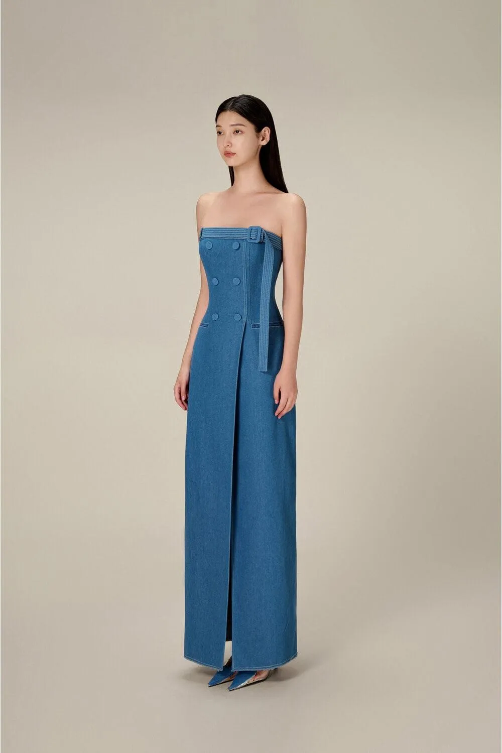 Denim Taffeta Long Dress