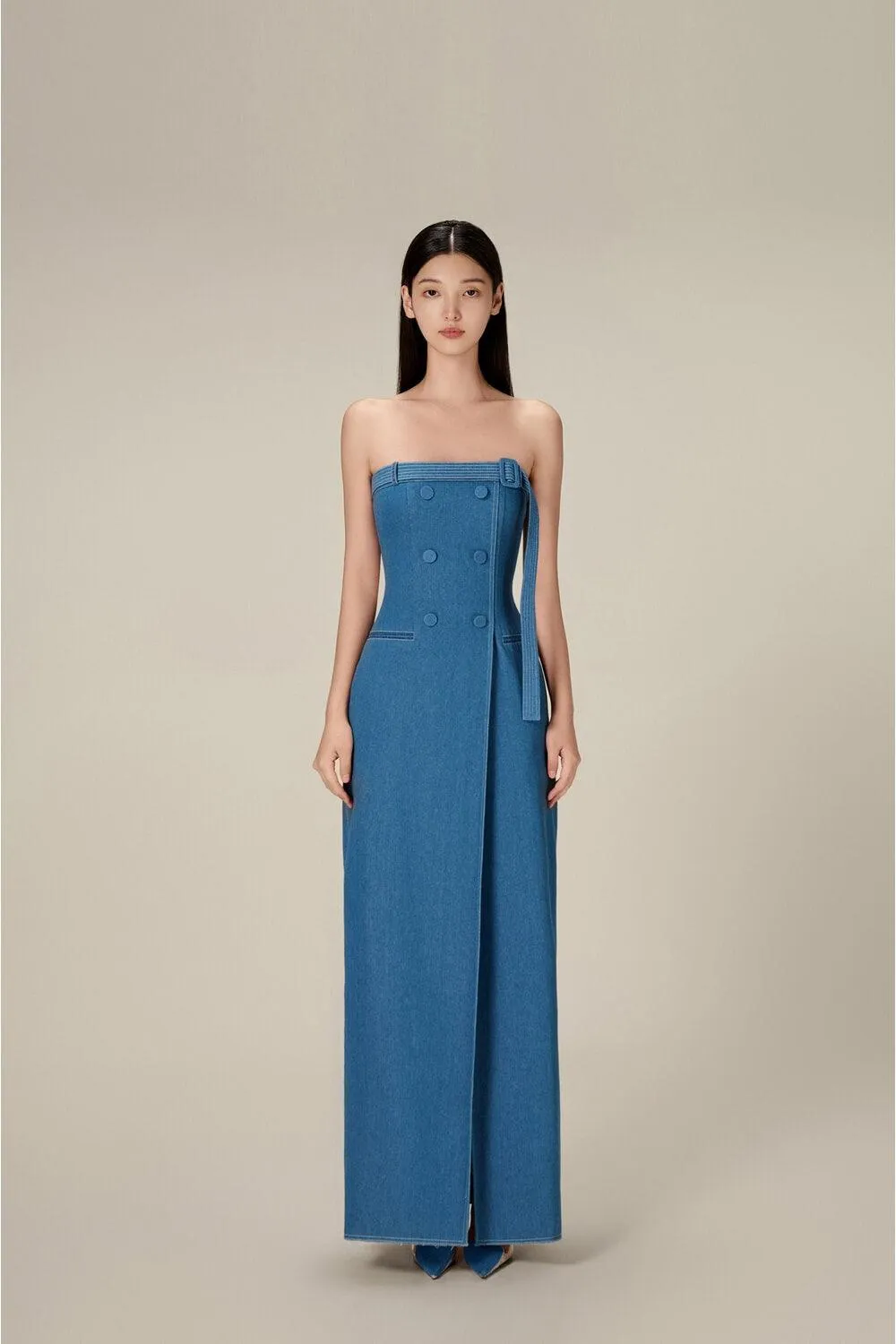 Denim Taffeta Long Dress