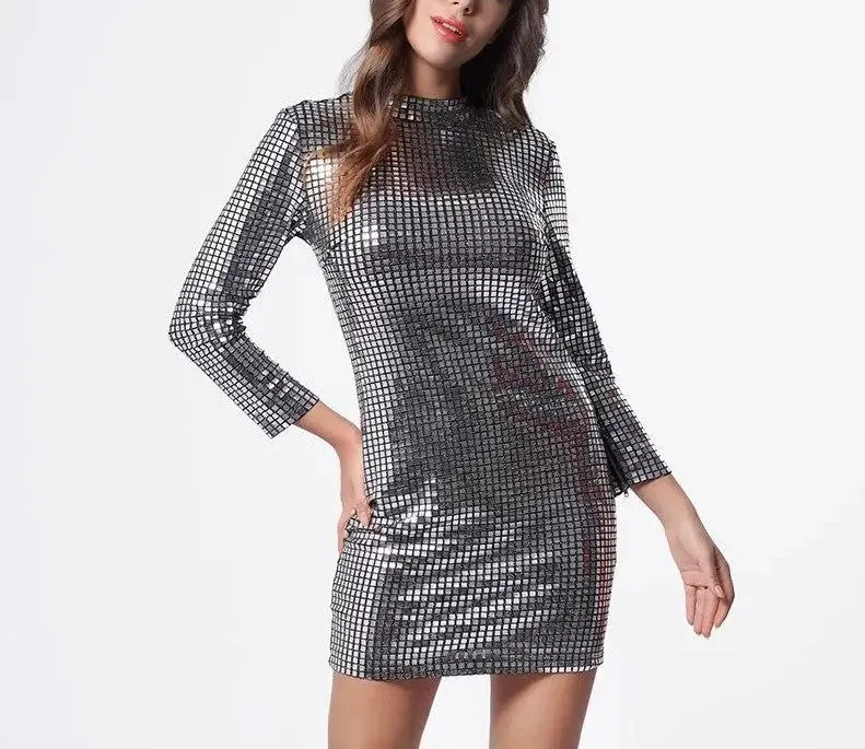 Disco Ball Long Sleeved Silver Dress