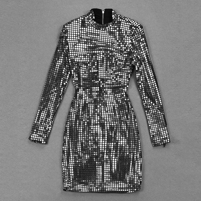 Disco Ball Long Sleeved Silver Dress