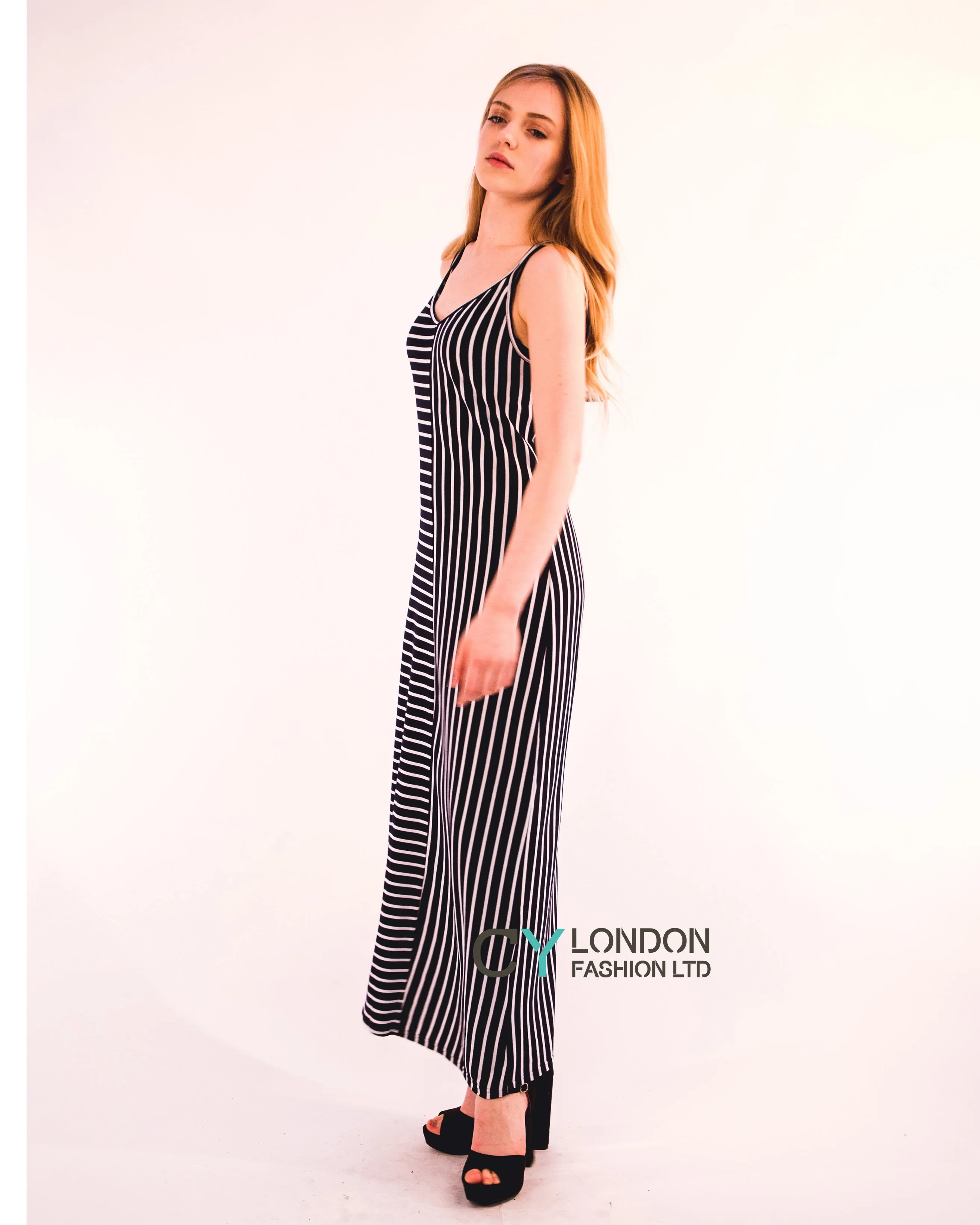 Double strip navy white stripe Maxi dress (Navy)
