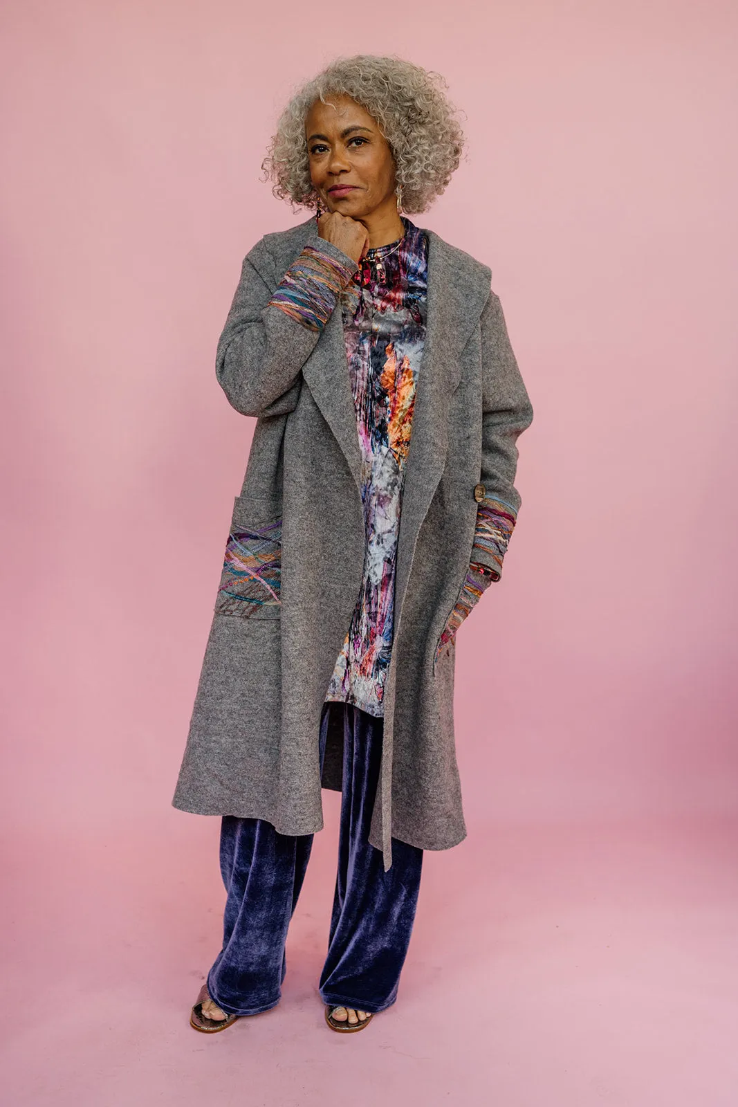 Embellished Long Wool Coat in Light Grey