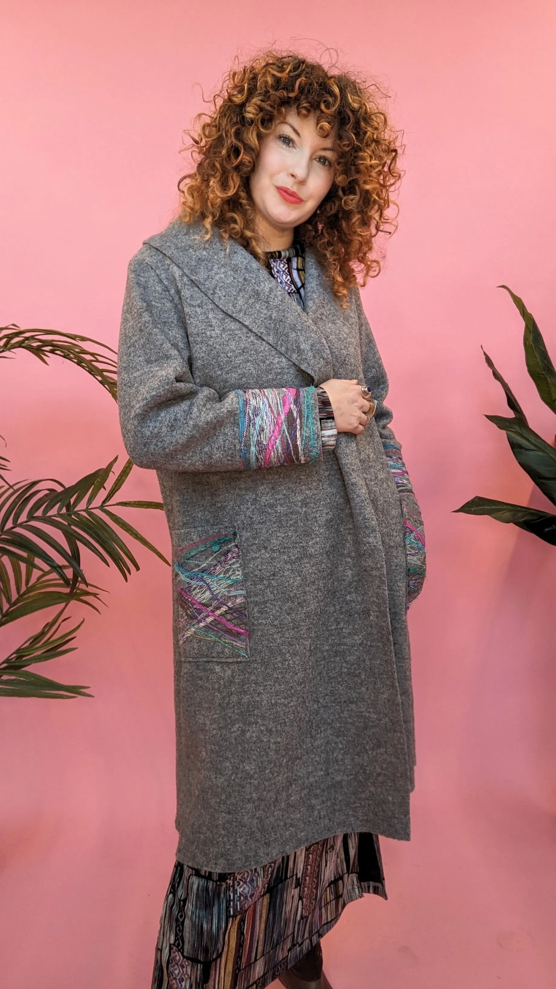 Embellished Long Wool Coat in Light Grey