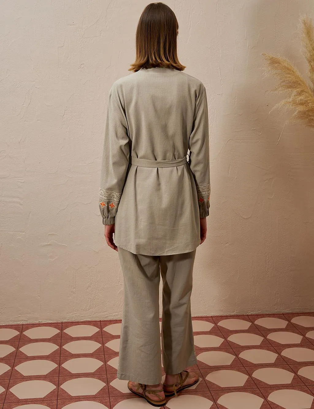 Embroidered Linen Double Suit Reseda Green