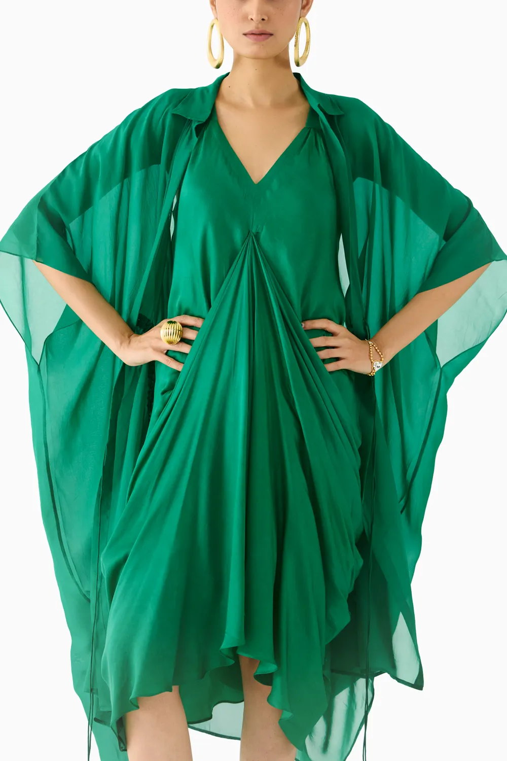 Emerald Midi Dress with Organza Cape