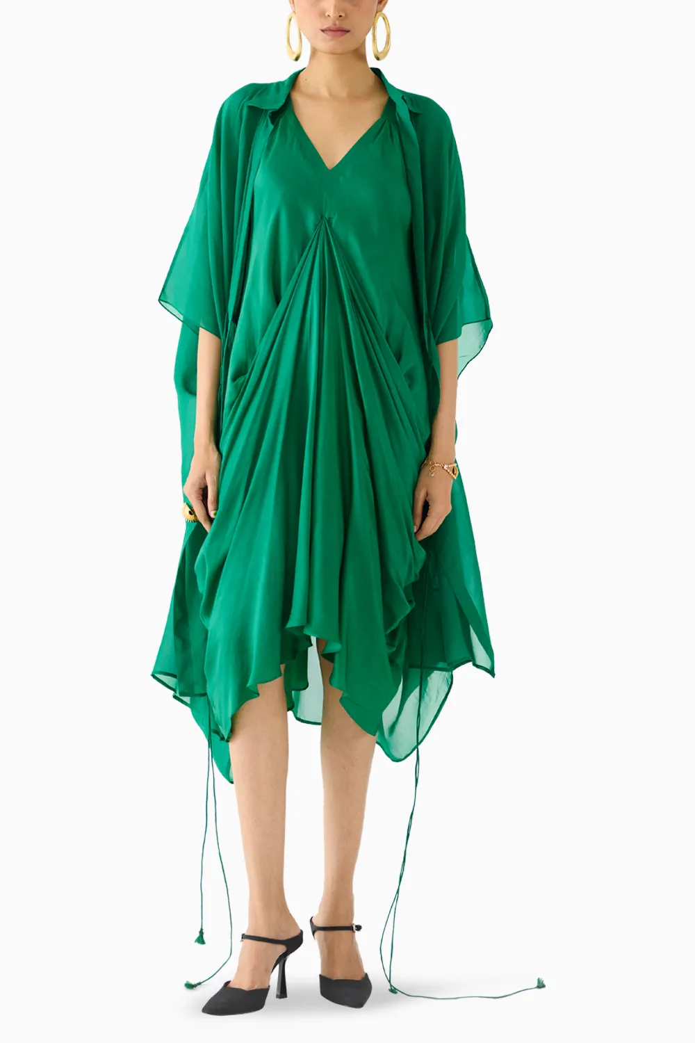 Emerald Midi Dress with Organza Cape