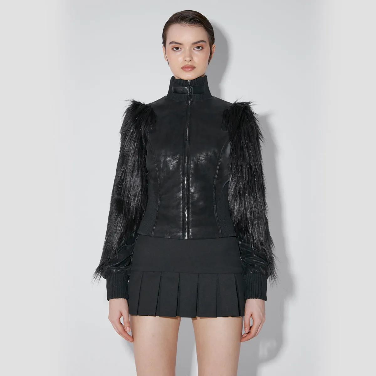 Faded Faux Leather Jacket With Fur Sleeves