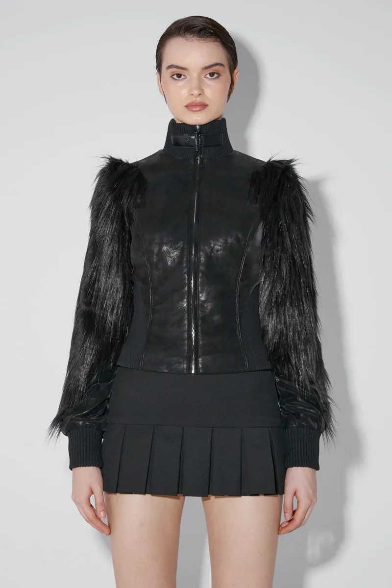 Faded Faux Leather Jacket With Fur Sleeves