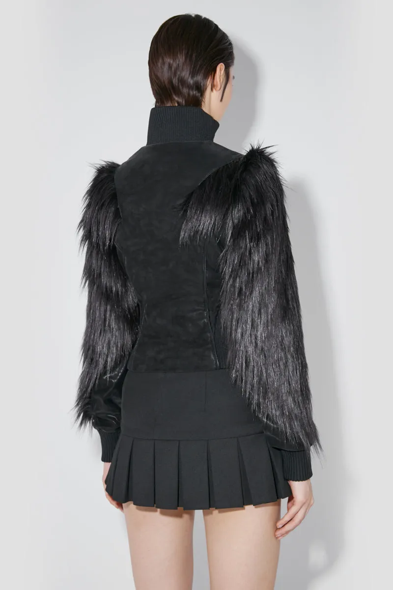 Faded Faux Leather Jacket With Fur Sleeves