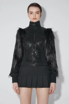 Faded Faux Leather Jacket With Fur Sleeves