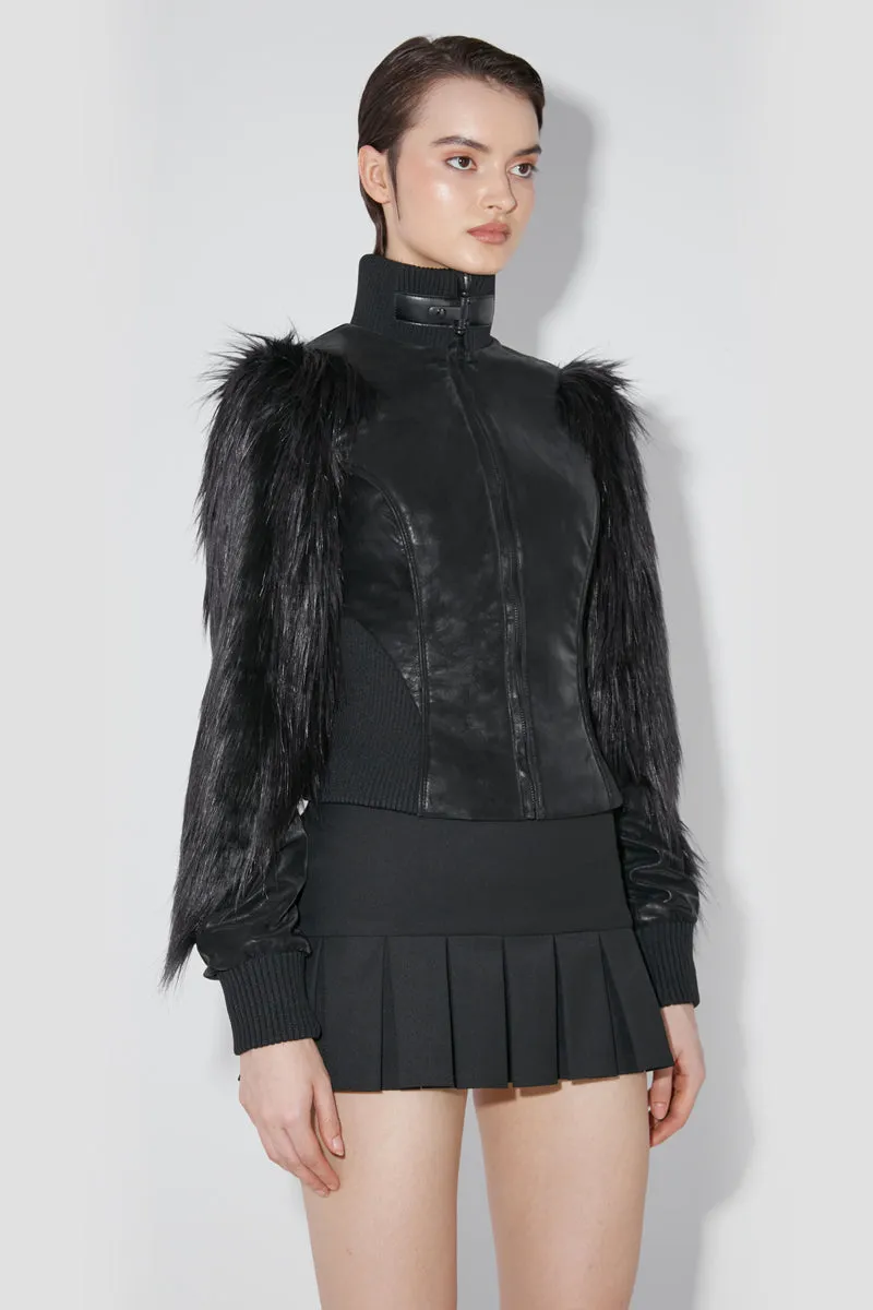 Faded Faux Leather Jacket With Fur Sleeves