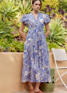 Faye, Womens Puff Sleeve, V-neck, Tiered Mixed Print Midi Dress, Blue/Beige