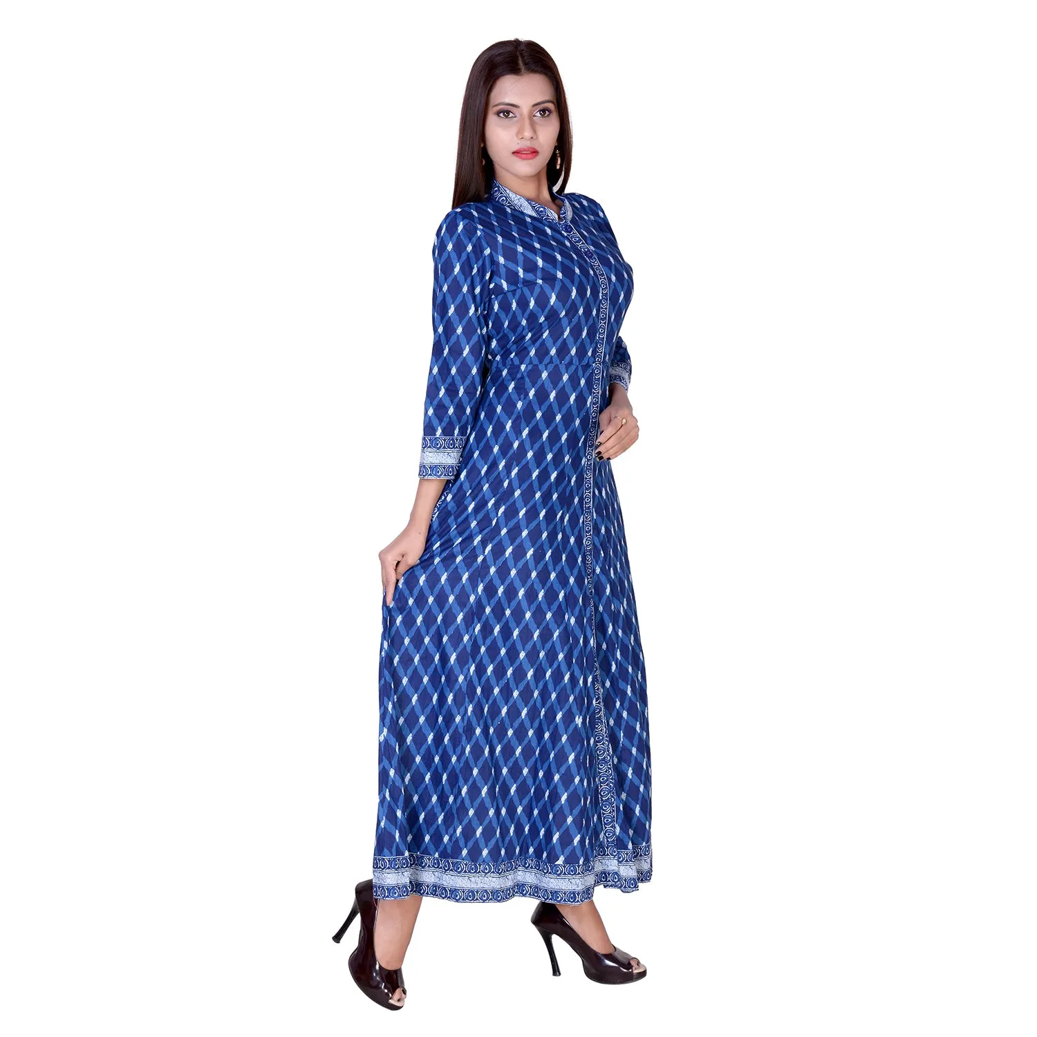 Floor Length Cotton Blue Floral Kurti