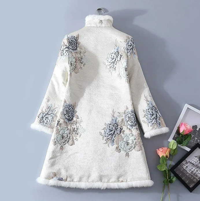 Floral Fancy Cotton Fur Edge Women's Chinese Style Wadded Coat