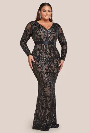 Goddiva Plus Embroidered Sequin & Mesh Maxi Dress