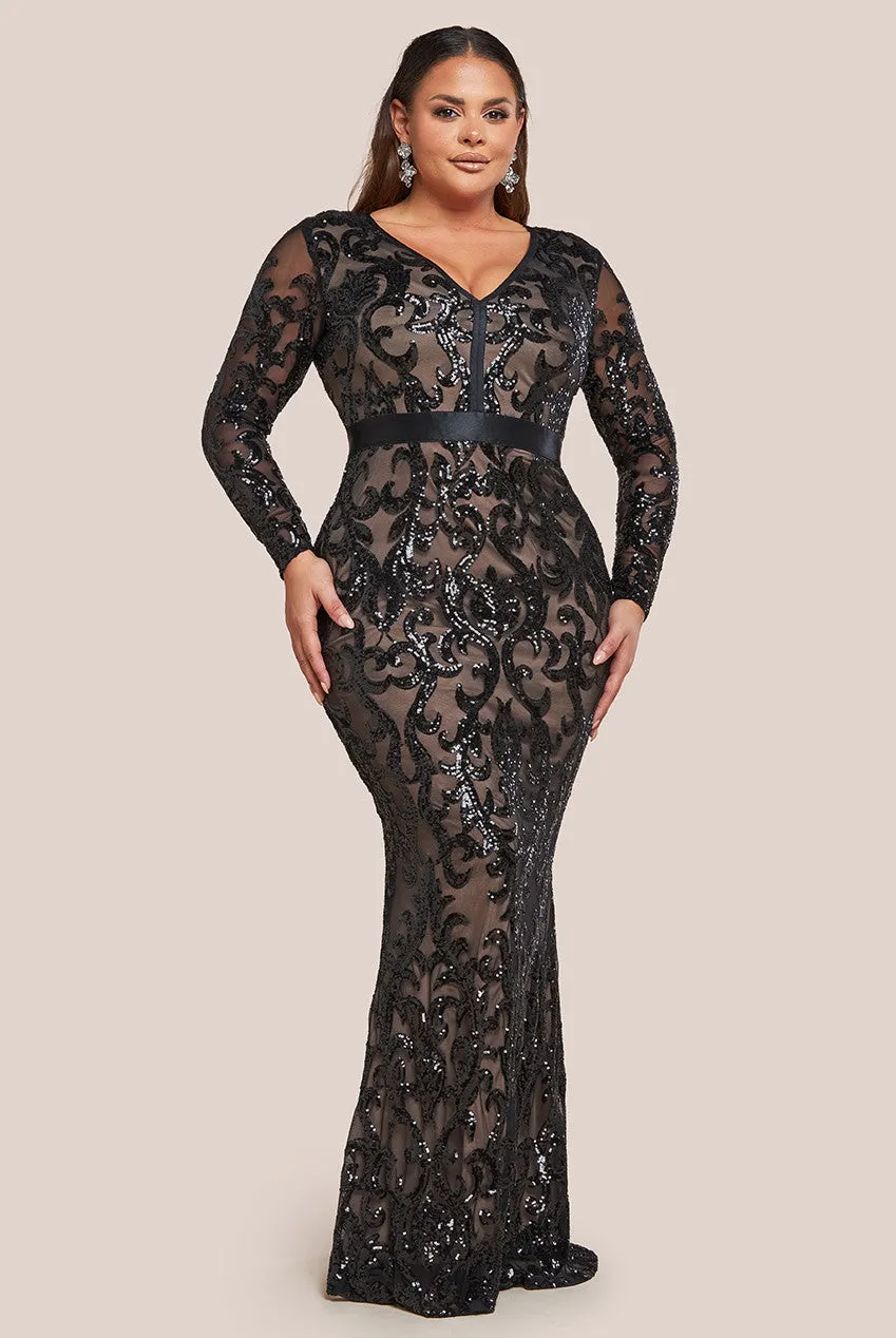 Goddiva Plus Embroidered Sequin & Mesh Maxi Dress