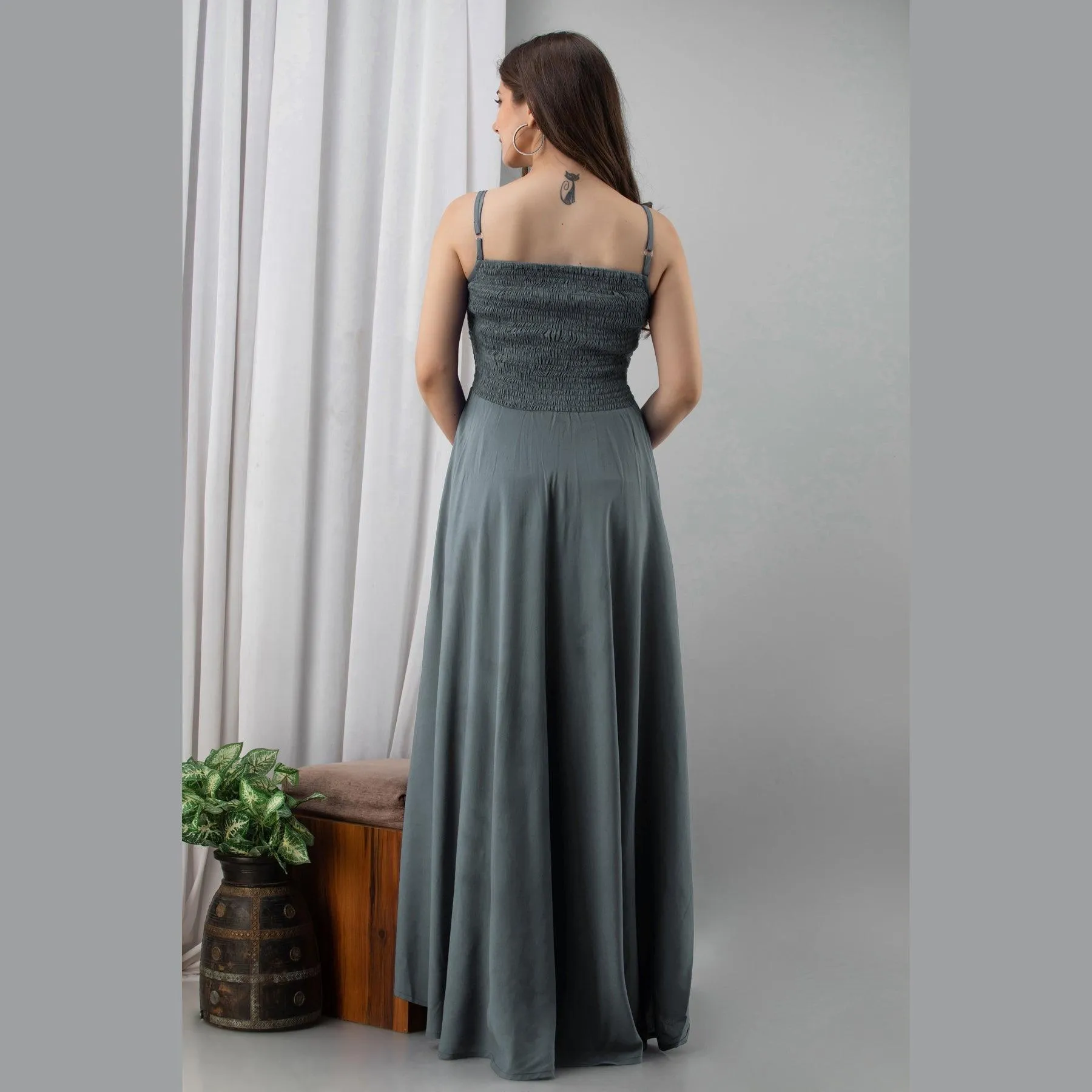 Grey Shirred Gown Dress