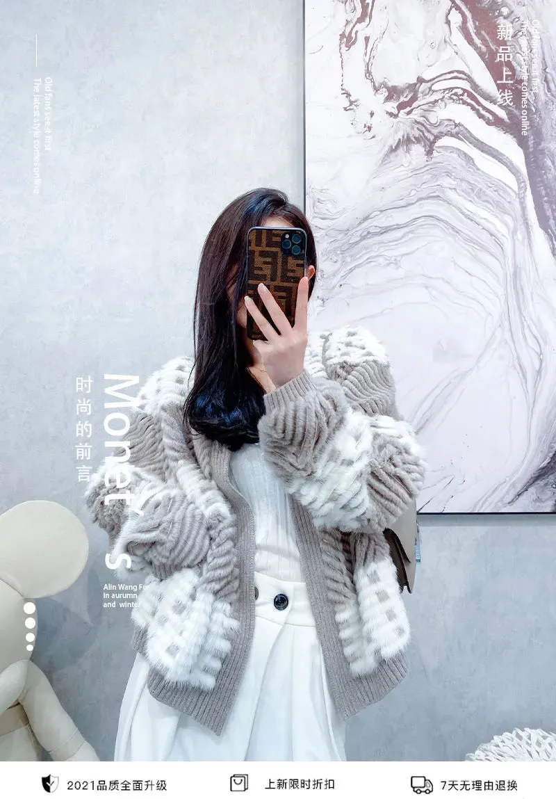 HDHOHR 2024 Real Mink Fur Coat Women Natural Kintted Mink Coats Batwing Sleeve Mink Fur Jackets Winter Warm for Female Plus Size
