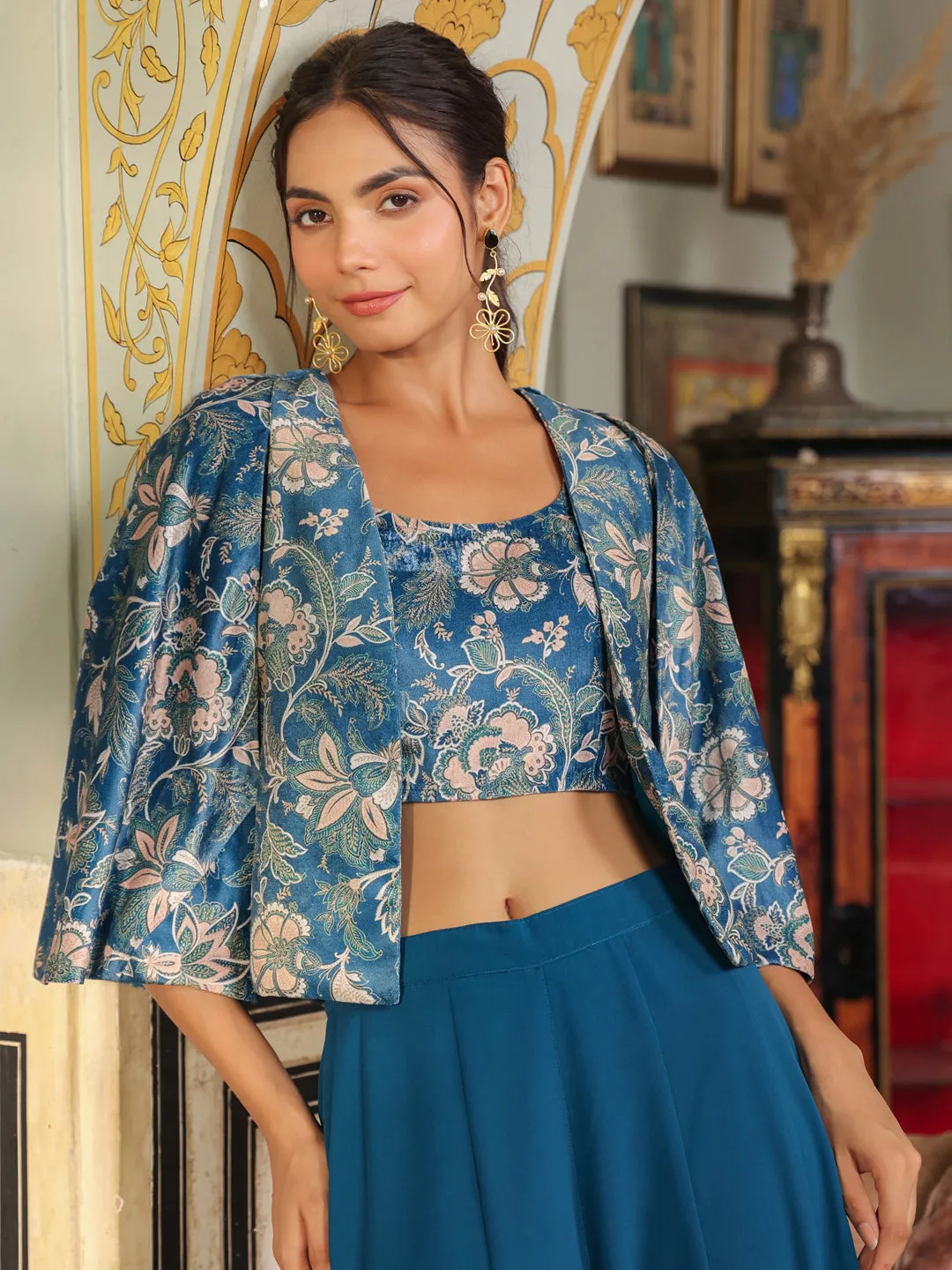 Janasya Teal Blue Floral Crop Top Set