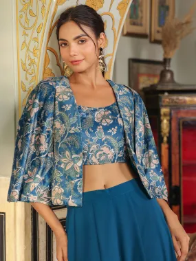 Janasya Teal Blue Floral Crop Top Set