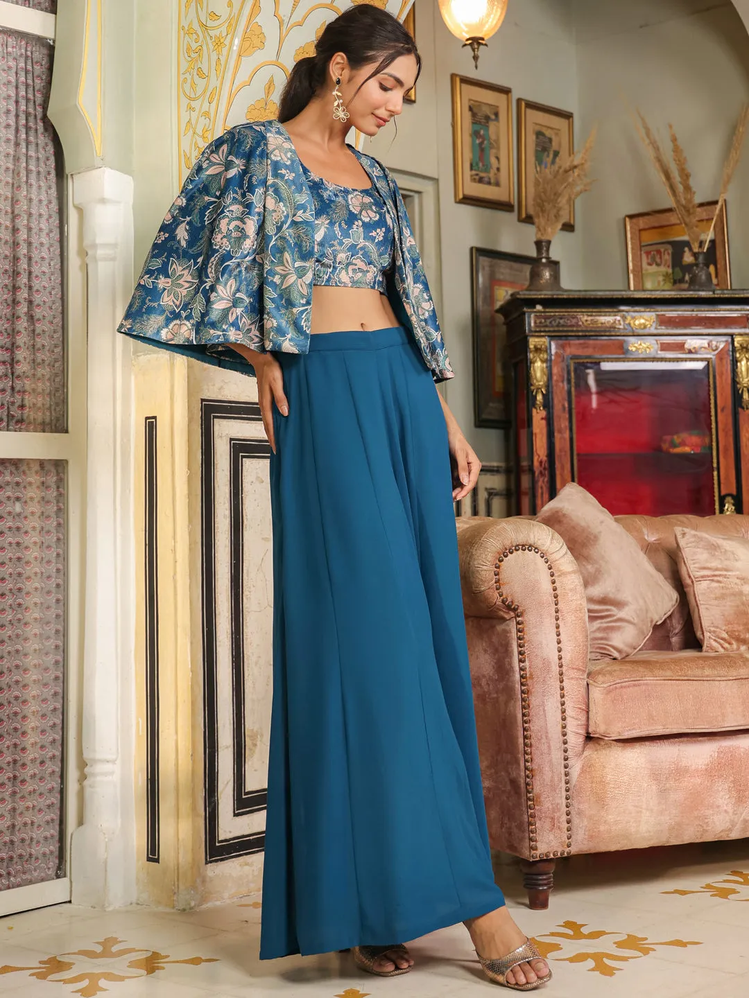 Janasya Teal Blue Floral Crop Top Set